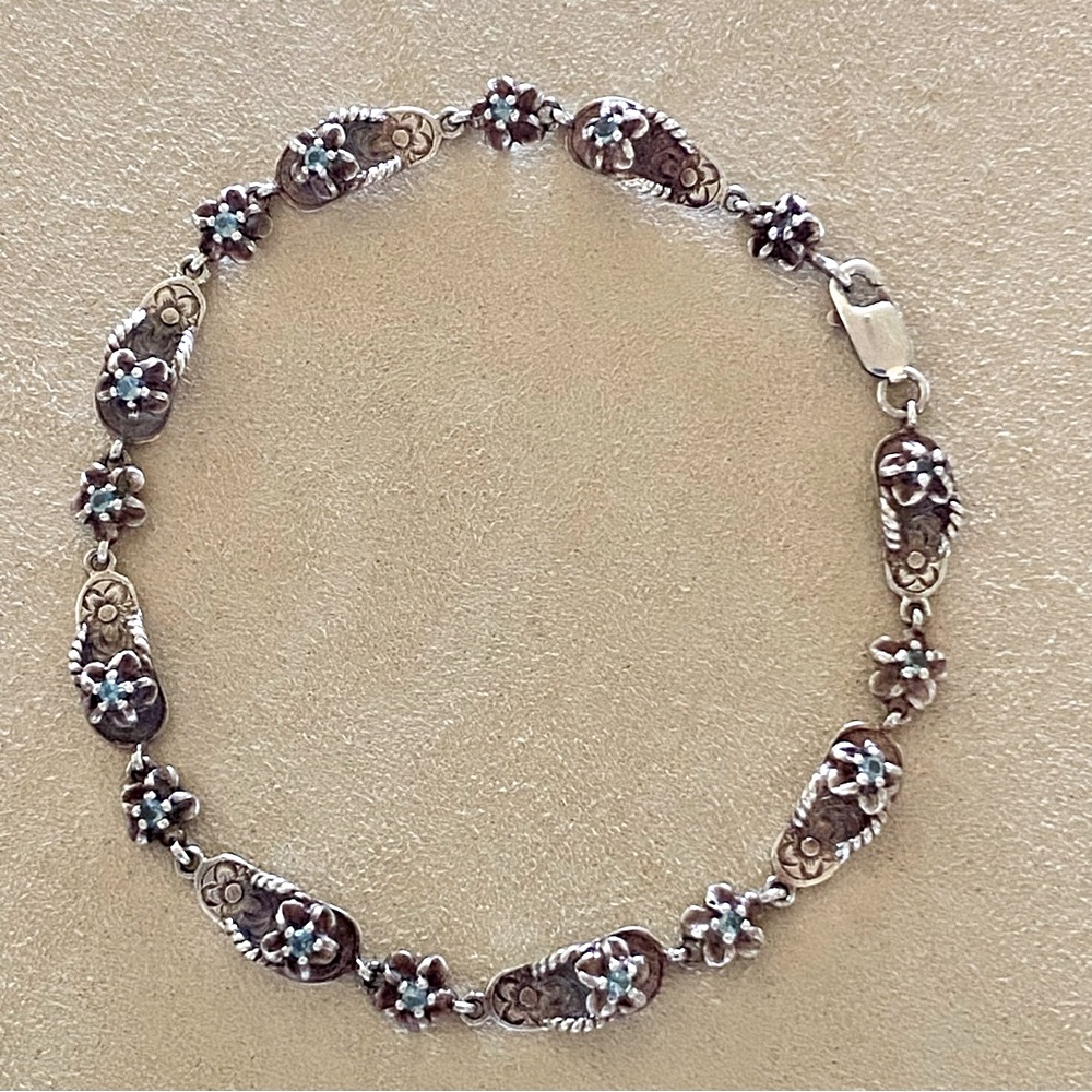 Adorable Hawaii Sandals and Plumeria Flowers Sterling Silver Bracelet.